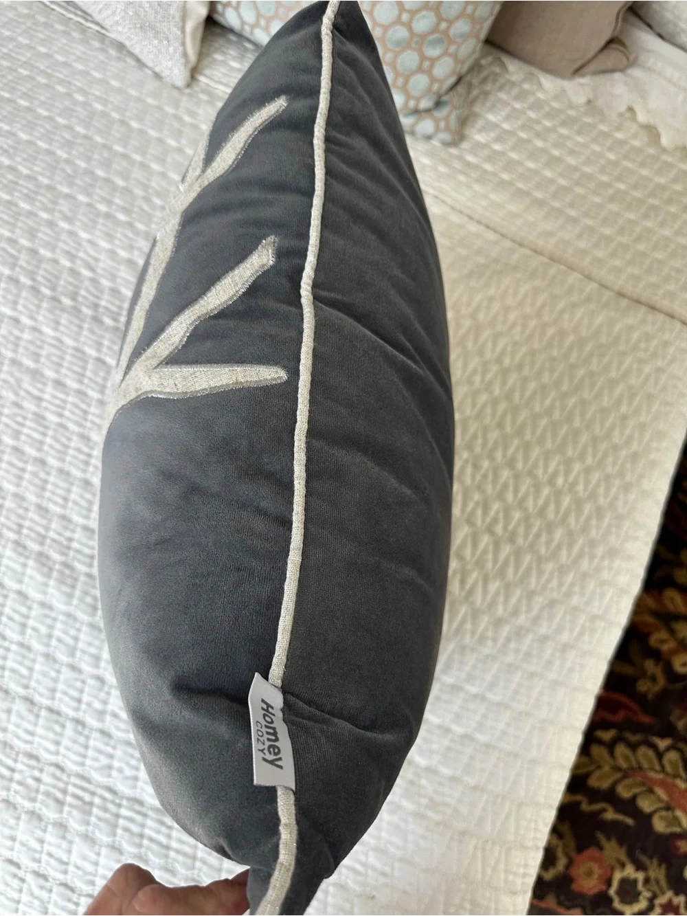 Black and Gray Velvet and Linen Stag Deer Applique Throw Pillow - never used